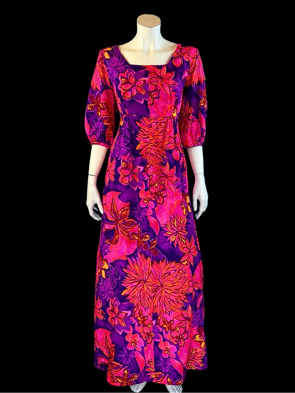 60s 70s HAWAIIAN Psychedelic Tiki Mod Pink & Purple Maxi Dress | M L